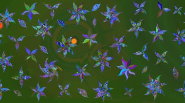 3D çiçekler, eskiz. Raster illüstrasyonu. Yeşil ve mavi renklerde.