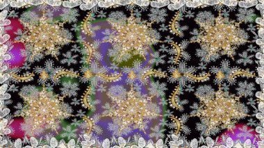 Altın şablon. Kart, duvar kağıdı, ambalaj ve tekstil için klasik tasarım. Kusursuz desenli altın elementler. Gri ve siyah renklerin kraliyet retrosu. Klasik çiçek dokusu. Raster illüstrasyonu.