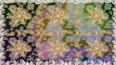 El yapımı dekoratif çerçeve, albüm kapağı, tebrik kartı, klasik Art deco tarzı. Altın karalama fantezi yapraklarından Raster soyut çiçek çelengi ve gri ve nötr renklerde çiçek..