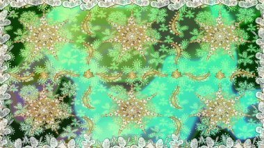 Dekoratif simetri arabesk. Raster illüstrasyonu. Doğum günü kartı, davetiye ya da afiş için iyidir. Kusursuz ortaçağ çiçek deseni. Yeşil ve nötr renklerde altın.