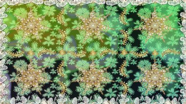 Damask pürüzsüz süsü. Klasik oryantal desen yeşil ve nötr renklerden üstündür. Geleneksel raster ve altın desen.