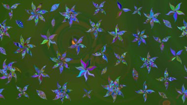 Raster illüstrasyonundaki çiçek desenli çizim. Suluboya tarzında yeşil ve mavi renkte çiçekler.