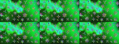 Patlayan çiçekler soyut olarak yerleştirilmiş. Raster deseni. Raster illüstrasyonu. Yeşil ve mavi renklerde bahar çiçekleri..