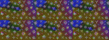 Yeşil ve kahverengi renkli çiçekler. Renkli Bahar Teması eskiz kalıbı. Düz Çiçek Elementleri Tasarım Raster illüstrasyonu. Çiçek eskiz kalıbı geçmişi.