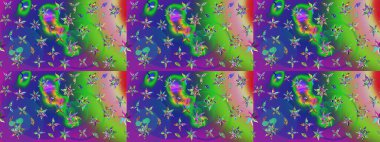 Çiçekli el çizimi çizimi deseni. Modern gelişim yeşil ve mavi raster arka plan duvar kâğıdı illüstrasyon klasik çizgili iz sürme desenli çiçekler, çiçekli süsler.