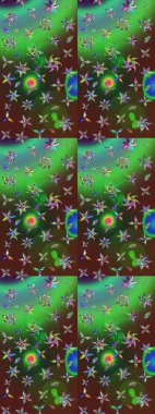 Düz Çiçek Elementleri Tasarım Raster illüstrasyonu. Yeşil ve kahverengi renkli çiçekler. Renkli Bahar Teması çizim kalıbı. Çiçekli çiçek deseni, suluboya..