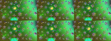 Suluboya elle çizilmiş çiçek desenli eskiz deseni. Parlak renkli fantezi çiçekleri, yapraklar, yeşil ve mavi renkli tomurcuklar yeşil ve mavi.