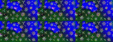 Elle çizilmiş çiçek desenli Raster çizimi. Tekstil, kumaş, ambalaj, hatıra defteri için hoş bir çiçek arkaplanı. Çocuksu tasarım. Mavi ve yeşil arkaplanda.