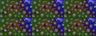 Raster illüstrasyonundaki çiçek desenli çizim. Yeşil ve mavi renkte çiçekler. Renkli Bahar Teması eskiz kalıbı. Düz Çiçek Elementleri Tasarımı.