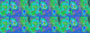 El çizimi çiçekli soyut çizim kalıbı. Raster illüstrasyonu. Mavi ve yeşil renkte çiçekler.