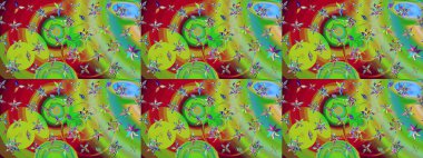 Raster düz çiçek çizim deseni. Hediye ambalaj kağıdı, tebrik kartları, posterler ve pankart tasarımı. Yeşil ve kırmızı renkte çiçekler.