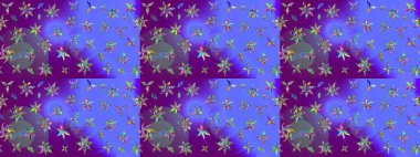 Parlak renkli çiçekleri ve mor ve mor renkli yaprakları olan harika bir çiçek deseni. Moda baskıları için zarif bir şablon. Modern çiçek arkaplanı. Halk stili.