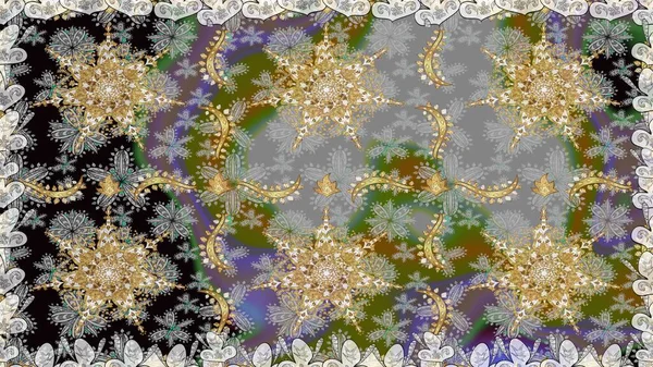 Gri ve bej renklerde altın elementlerle kusursuz desen. Kusursuz klasik raster altın desenli. Klasik klasik klasik arka plan. Geleneksel oryantasyon süsü.