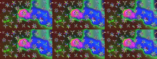 Raster Çiçek İllüstrasyonu güzel tekstil. Yeşil ve mavi renkli etnik çiçeklerle zarif bir eskiz deseni.