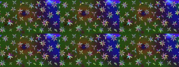 Raster illüstrasyonundaki çiçek desenli çizim. Yeşil ve mavi renkte çiçekler. Renkli Bahar Teması eskiz kalıbı. Düz Çiçek Elementleri Tasarımı.