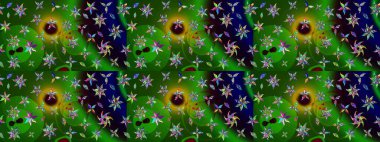 Nakış desenli çiçek deseni. Renkli grunge, koyu yeşil ve siyah çiçeklerle soyut bir arka plan oluşturur. İzler, kumaş, duvar kağıtları, tekstil için raster dokusu.