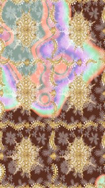 Raster eskiz deseni altın antika ortaçağ dekoratifi yapraklar ve altın desenli süslemeler ile tarafsız renklerde. Kraliyet lüksü, altın barok kumaş rengi..