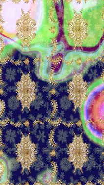 Eskiz oryantal klasik altın desen. Mavi renklerde altın tekrarlayan elementler içeren soyut Raster arkaplanı.