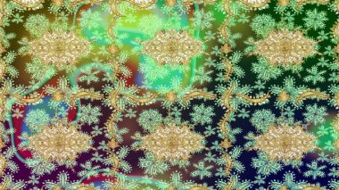 Altın elementli yeşil renkler. Raster illüstrasyonu. Raster altın desen. Doğu tarzı arabesk. Altın desenli bukleler çiz.