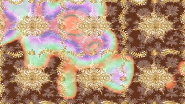 Kahverengi renklerde altın elementler. Barok tarzında eskiz oryantal süsü. Geleneksel klasik Raster altın çizim kalıbı.