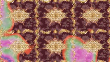 Raster oryantal süs. Kahverengi renkli ve altın elementli eskiz deseni. Altın deseni çiz.