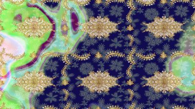 Doğu tarzı element. Davetiyeler, kartlar, web sayfası için Raster illüstrasyon. Tasarım şablonu için çizgi çizimi sınırı. Mavi renklerdeki altın element. Altın çizgili çiçek dekoru.