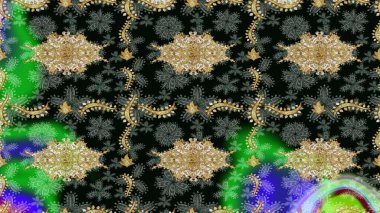 Tasarım için Damask çizim kalıbı. Siyah renkler ve altın elementler üzerine Raster eskiz deseni.