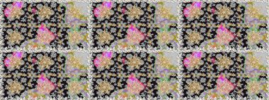 Raster illüstrasyonu. Kusursuz desenli altın elementler. Gri renkli Royal retro. Klasik çiçek dokusu. Altın şablon. Kart, duvar kağıdı, ambalaj, tekstil için klasik tasarım.