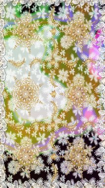 El yapımı dekoratif çerçeve, albüm kapağı, tebrik kartı, klasik Art deco tarzı. Raster soyut çiçek çelengi altın karalama fantezi yaprakları ve tarafsız renklerde çiçek.