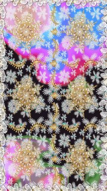 Altın desenli çiçek dekoru. Çizgi sanatı tasarım şablonu için kusursuz sınır. Gri renklerdeki altın element. Davetiyeler, kartlar, web sayfası için Raster illüstrasyon. Doğu tarzı ögesi.