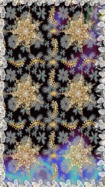 Kusursuz kraliyet lüksü, altın barok kumaş rengi. Altın antika ortaçağ dekoratifi, yapraklar ve gri renkli altın desenli süslemelerle pürüzsüz bir desen..