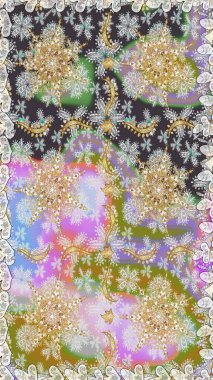 Raster illüstrasyonu. Klasik çiçek dokusu. Altın şablon. Kusursuz desenli altın elementler. Kart, duvar kağıdı, ambalaj ve tekstil için klasik tasarım. Gri renkli Royal retro.