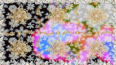 Altın elementli gri renkler. Raster illüstrasyonu. Raster altın desen. Doğu tarzı arabesk. Kusursuz altın desenli bukleler..