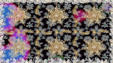 Gri renkli ve altın elementli altın desenli. Geleneksel oryantasyon süsü. Kusursuz klasik raster altın desenli. Klasik vintage arkaplan.