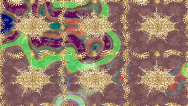 Hassas altın deseni açın. Raster. Altın desenli bukleler çiz. Mor renkli ve altın elementli eskiz deseni. Parlak dantel, stilize çiçekler, şal desenli. Doğu tarzı arabesk.