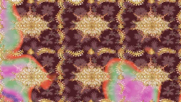 Raster oryantal süs. Kahverengi renkli ve altın elementli eskiz deseni. Altın deseni çiz.
