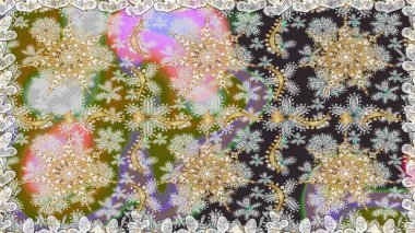 Raster illüstrasyonu. Klasik çiçek dokusu. Altın şablon. Gri renkli Royal retro. Kusursuz desenli altın elementler. Kart, duvar kağıdı, ambalaj, tekstil için klasik tasarım.