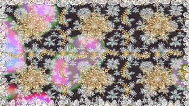 Kusursuz altın desen. Çiçek desenli altın metal. Raster altın çiçek süsü brokar kumaş ve cam desenli. Altın elementli gri renkler.