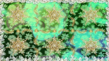 Senin tasarımın için, duvar kağıdı. Yeşil renklerde, altın çiçekli altın desenli desen. Altın rengi, kusursuz çizim. Raster geometrik arkaplanı.