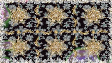 Paisleys zarif çiçek desenli dikdörtgen arka plan duvar kâğıdı illüstrasyonlu klasik stil, modern 3D çizgili sanat altın ve gri desenli çiçek yaprakları ve süslemeleri..