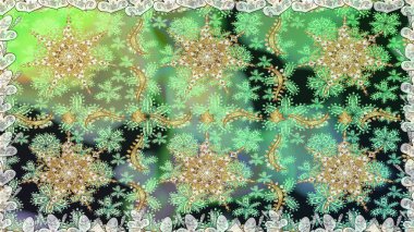 Çiçek desenli altın metal. Raster altın çiçek süsü brokar kumaş ve cam desenli. Kusursuz altın desen. Altın elementli yeşil renkler.