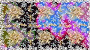 Kusursuz kraliyet lüksü, altın barok kumaş rengi. Altın antika ortaçağ dekoratifi, yapraklar ve gri renkli altın desenli süslemelerle pürüzsüz bir desen..