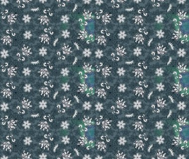 Yeşil ve mavi renkli bitkilerden oluşan parlak çiçekli çizim deseni.