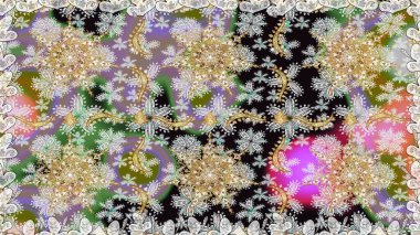 Doğum günü kartı, davetiye ya da afiş için iyidir. Raster illüstrasyonu. Gri ve nötr renklerde altın. Kusursuz ortaçağ çiçek deseni. Dekoratif simetri arabesk.