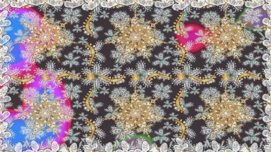 Süslü dekorasyon. Raster illüstrasyonu. Damask altın soyut çiçek gri ve nötr renklerde pürüzsüz desen.