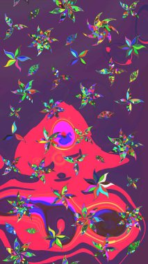 Nazik, narin çiçek arkaplanı. Çiçekli karalama şeklinde Raster çiçek deseni. Mor ve pembe renkte çiçekler.