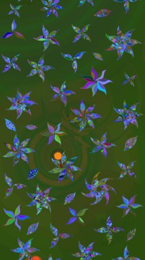 3D çiçekler, eskiz. Raster illüstrasyonu. Yeşil ve mavi renklerde.