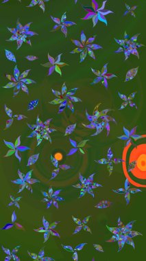 Raster çiçek desenli çiçek deseni, yapraklar, dekoratif elementler, sıçrama, lekeler, el çizimi kontur çizgileri ve Doodle çizim stili, grafik raster çizim çizimi.