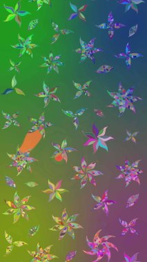 Yeşil ve mavi renkte çiçekler. Renkli Yaz Temalı eskiz kalıbı. Düz Çiçek Elementleri Tasarımı. Sevimli çiçek raster deseni.