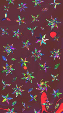 Raster çiçek desenli çiçek deseni, yapraklar, dekoratif elementler, sıçrama, lekeler, el çizimi kontur çizgileri ve Doodle çizim stili, grafik raster çizim çizimi.